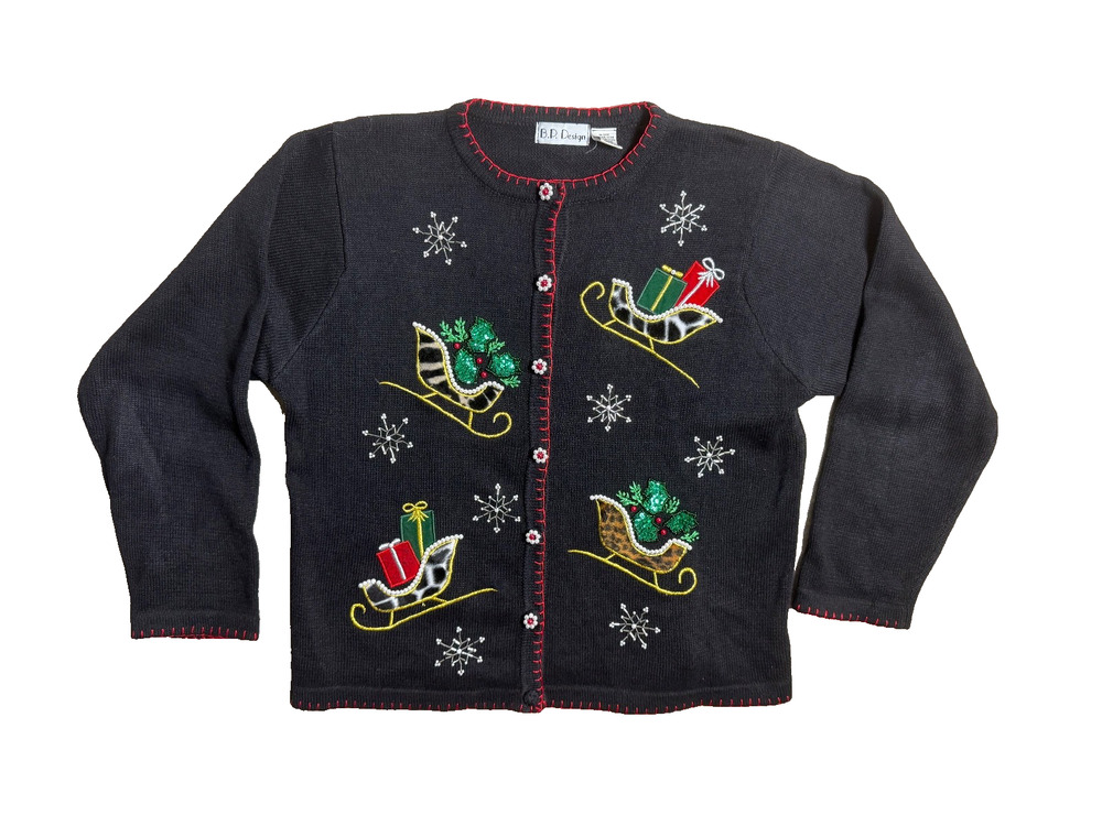 Christmas Sweater Embellished Pearls Sequin Black Animal Print Sleighs Sz Large